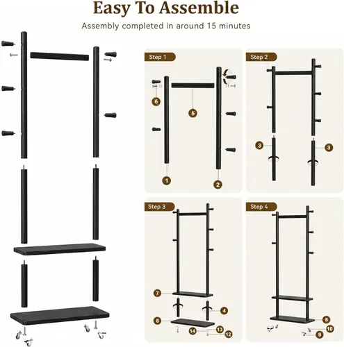 Miniatura 7 de Estante de abrigos de madera maciza independiente con ruedas y 2 estantes de almacenamiento y 5 ganchos, estante de ropa resistente, árbol de Negro
