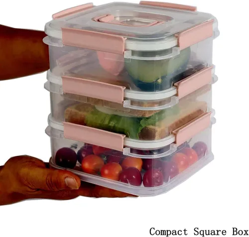 Miniatura 3 de Recipientes herméticos de almacenamiento para refrigerador, pequeños transportadores de alimentos portátiles apilables, 3 capas a prueba de fugas