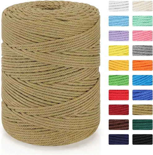Cordón de macramé de 0.157 in x 328 yardas | Cuerda de macramé 100% algodón natural | Cuerda de algodón trenzado de 4 hebras para manualidades, Caqui