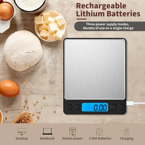 Miniatura 2 de Pequeña báscula digital de gramos 1000g por 0.01g, báscula de alta precisión MEIYA para onzas y gramos de alimentos, actualización de carga USB Negro
