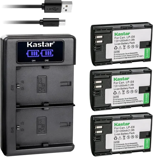 Kastar Paquete de 3 baterías LP-E6 y cargador USB LKD2 de repuesto para Canon LP-E6, LP-E6N, LP-E6NH, LP-E6N Pro batería, Canon LC-E6, LC-E6E