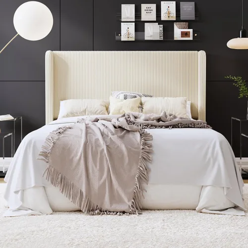 Miniatura 14 de SHA CERLIN - Base de cama tamaño Full tapizada en pana con plataforma y cabecera acolchada con diseño acanalado vertical estilo wingback, 8