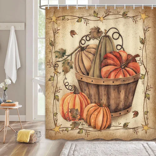 Miniatura 3 de Wathon Cortina de ducha de calabaza, decoración de baño, cosecha de otoño, retro, rústica, decoración de temporada, granja, Acción de Gracias