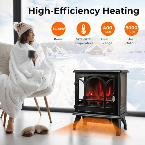 Miniatura 3 de GOFLAME Estufa eléctrica de chimenea de 23 pulgadas, calentador de chimenea independiente con efecto de llama regulable de 3 niveles y temporizador