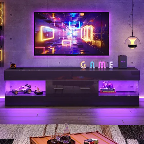 Miniatura 3 de Bestier Soporte de TV negro para TV de 55/60/65 pulgadas, soporte de TV moderno de alto brillo con paneles laterales con estampado de piedra, centro