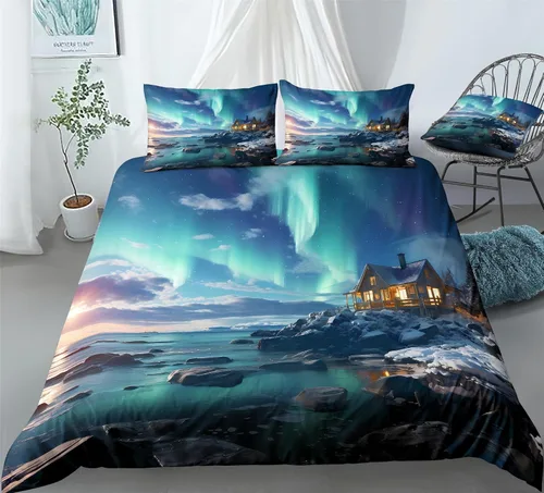 Miniatura 18 de REALIN Hawthorn Bedding - Juego de funda de edredón 3D, juego de cama de bosque japonés y río de montaña de 2/3/4 piezas, fundas de edredón