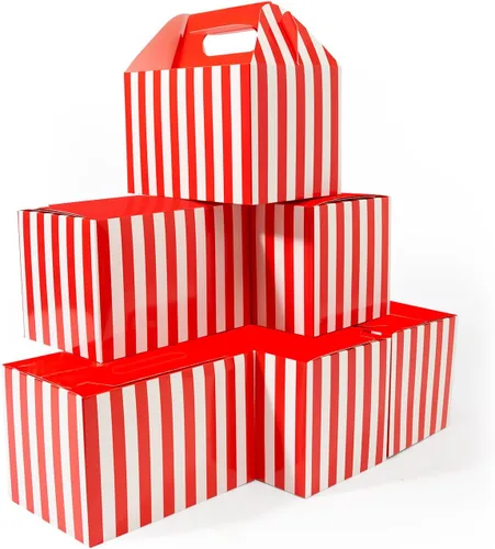 Happyhiram Paquete de 40 cajas grandes a dos aguas con rayas rojas, contenedores de cartón resistentes de 9 x 6 x 6 pulgadas para regalos de Rojo