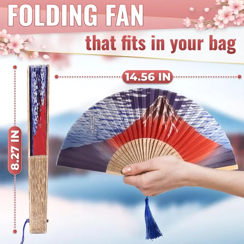 Miniatura 2 de Abanico japonés de seda, ventilador plegable de mano de bambú para mujer, paisaje de montaña japonés, abanicos vintage de 14.5 x 8.2 pulgadas