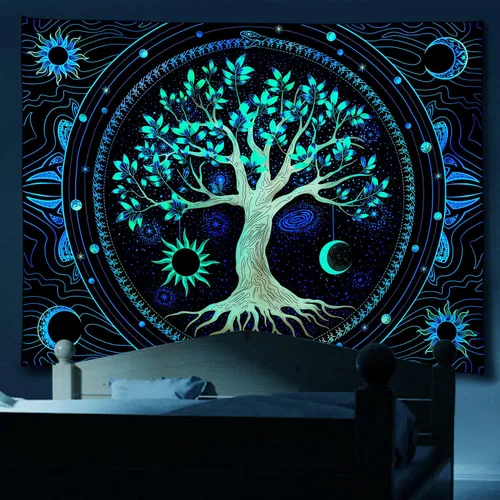 Miniatura 2 de Tapiz para dormitorio, estético, árbol de la vida, con luz negra, reactivo a los rayos UV, tapiz psicodélico, colorido tapiz de pared, sol, luna