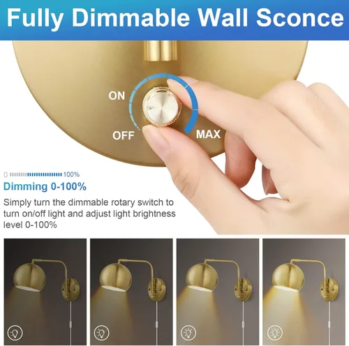 Miniatura 2 de Apliques de pared VATONI enchufables, apliques de pared regulables con brazo oscilante con cable de enchufe y interruptor de regulación con botón