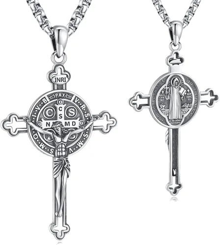 Eusense - Collar con colgante de plata de ley 925 de San MiguelSan Benito para hombres y mujeres con cruz de Jesúsmedalla milagrosa de la Virgen