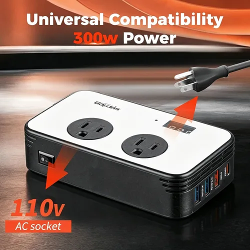 Miniatura 2 de inversor de corriente para coche de 300 W, adaptador de toma de corriente para coche CC 12 V a CA 110 V con USB-C PD 25W, QC3.0 y pantalla LCD