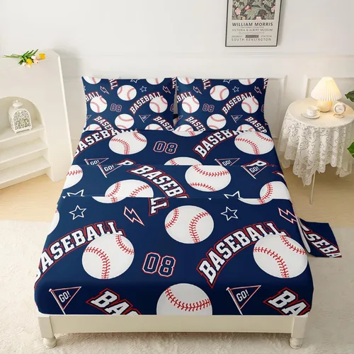 QOOMO Sábanas de béisbol, sábanas deportivas para niños y adolescentes, bolsillo profundo de 16 pulgadas, juego de 4 piezas, tamaño individual