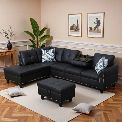 Miniatura 3 de Sofá Seccional de Cuero con Chaise Móvil y Otomana de Almacenamiento, Sofás Modulares Convertibles en Forma de L de 3 Piezas para Sala de Estar