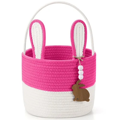 Miniatura 18 de SiliFine Cesta de Pascua para niños, cesta de conejo de Pascua con etiqueta de nombre, oreja de conejo desmontable, regalo tejido rústico para niñas