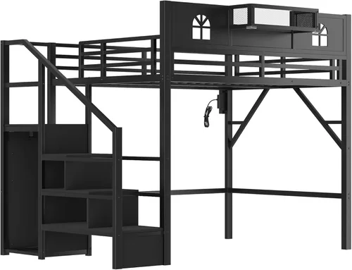 Miniatura 8 de SOFTSEA Cama tipo loft de metal completo con escaleras y armario, cama alta para niños con barandillas en forma de casa y estantes de Negro