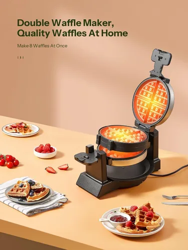 Miniatura 5 de Máquina para hacer gofres, plancha redonda clásica belga para gofres con diseño giratorio de 180°, placas antiadherentes y mango de tacto frío