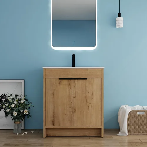 Miniatura 20 de Tocador de baño pequeño de 16 pulgadas con lavabo, tocador de baño independiente de 16" para espacios pequeños, gabinete de madera contrachapada