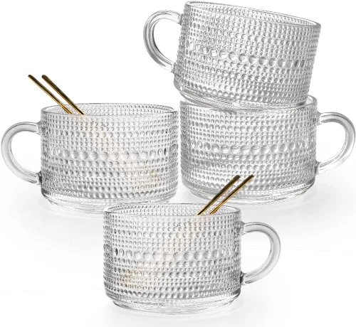 Miniatura 9 de Juego de 4 tazas de café de vidrio vintage, tazas de café de vidrio en relieve de 14 onzas para cereales, yogur, latte, tazas de desayuno