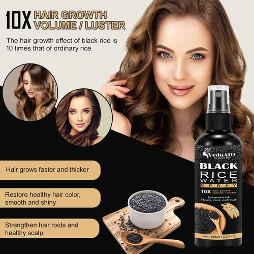 Miniatura 4 de Spray de agua de arroz negro para el crecimiento del cabello, suero orgánico para el cabello con aceite de ricino y raíz de jengibre, fortalece
