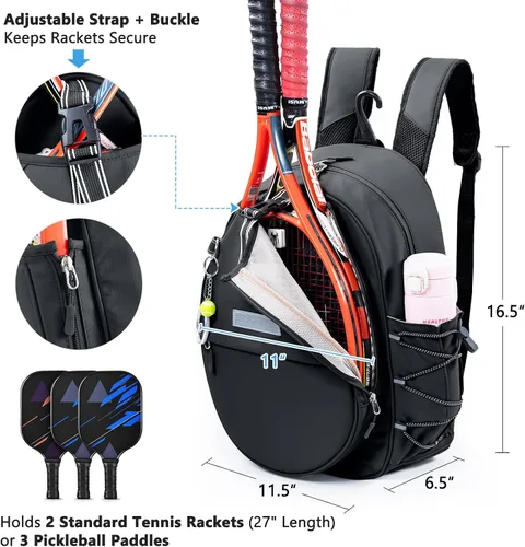 Miniatura 4 de Mochila de Tenis con Soporte para 2 Raquetas, Bolsa de Raqueta de Tenis de Cuero PU Resistente al Agua para Mujeres y Hombres, Mochila Deportiva