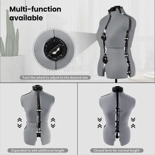 Miniatura 3 de Maniquíes de costura, maniquí femenino gris ajustable talla 12-18, cuerpo de modelo pinchable con 13 diales y ruedas desmontables, rango de altura