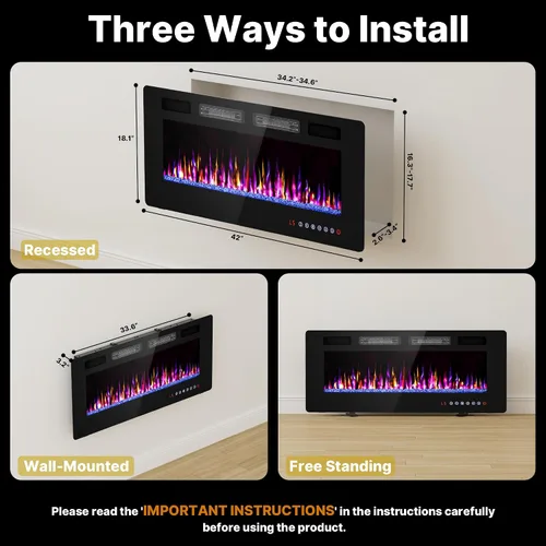 Miniatura 7 de BREEZEHEAT Chimenea Eléctrica Ultrafina de 42 Pulgadas - Calentador de Chimenea Independiente o Empotrado en la Pared, Control Remoto, Pantalla
