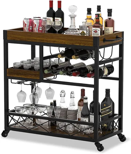 Miniatura 10 de Carrito de bar para el hogar, carrito de servicio industrial de 3 neumáticos con ruedas bloqueables, carrito de bebidas alcohólicas con 2 bandejas