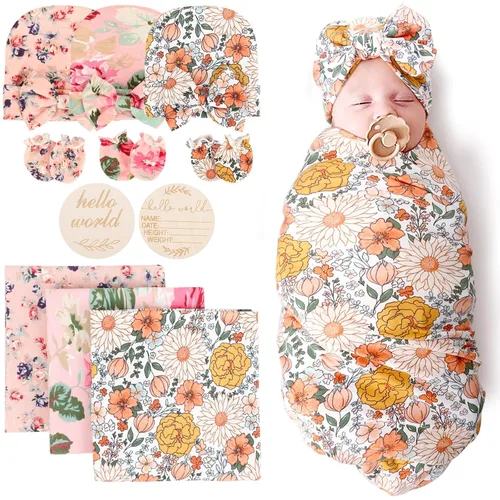 Miniatura 31 de DRESHOW BQUBO Manta de Recepción para Recién Nacido con Conjunto de Gorro con Lazo Estampado de Flores Manta Envolvente para Bebé con Gorro 1 juego