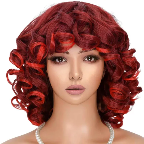 Miniatura 8 de Curly Wigs for Black Women Short Curly Wig with Bangs Soft Bouncy Fluffy Small Curls Heat Resistant Synthetic Wig for Daily Party Use Ombre Brown 14