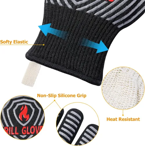 Miniatura 5 de QUWIN Guantes para barbacoa, guantes para horno, resistentes al calor extremo de 1472℉, guantes para parrilla de silicona antideslizantes para Negro