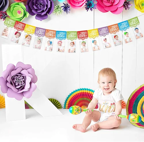 Miniatura 8 de Cartel de fotos de fiesta mexicana para el primer cumpleaños, papel picado UNO, cartel de fotos mexicanas para fiesta, pancarta mensual para bebé