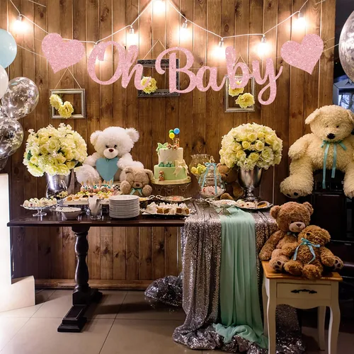 Miniatura 5 de Oh Baby - Cartel de revelación de género rosa con espirales Decoraciones de baby shower para fiesta de niña