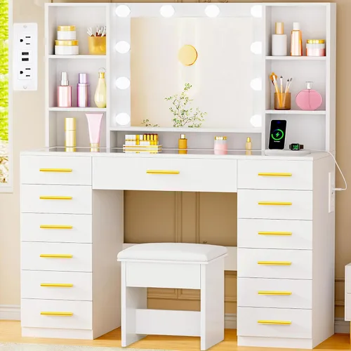 ANWBROAD Escritorio de tocador con espejo y luces, juego de mesa de tocador de maquillaje blanco con parte superior de cristal, 13 cajones, 7