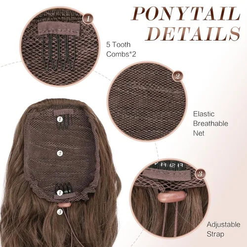 Miniatura 3 de FESHFEN Extensiones de cola de caballo – 26 pulgadas cordón largo rizado ondulado clip en colas de caballo pelo sintético extensiones de cola