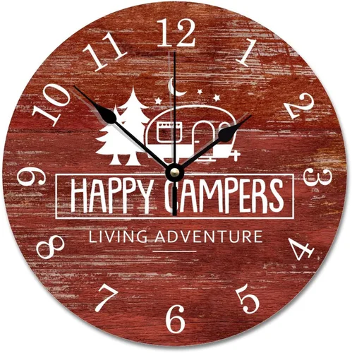 ArogGeld Reloj de pared para campistas, casa rodante, Happy Camping, color rojo, rústico, estilo granero, de 10 pulgadas, silencioso, redondo, de