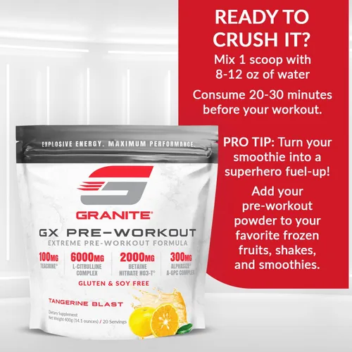 Miniatura 6 de Granite GX - Suplemento preentrenamiento, sabor mandarina explosiva, apoya la concentración, la energía y el rendimiento con teacrina, L-citrulina