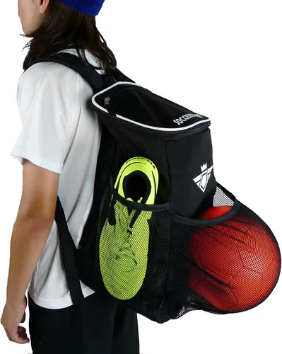 Miniatura 3 de Mochila de fútbol con compartimento para pelotas - Para niños y niñas La bolsa se adapta a todos los equipos de fútbol y equipo de gimnasio (negro)