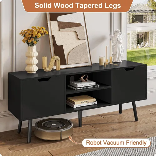 Miniatura 5 de ALINE FURNITURE - Soporte de TV negro para televisores de 50, 55, 60+ pulgadas - Consola multimedia con 2 gabinetes y estantes abiertos, patas