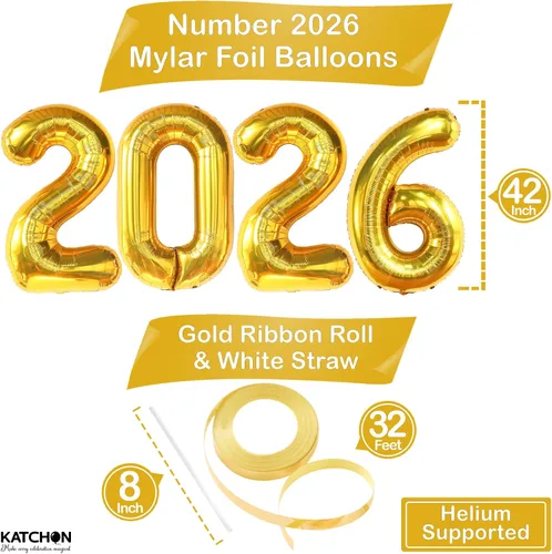 Miniatura 2 de Katchon, Globos gigantes dorados 2026 – 42 pulgadas Globos de Año Nuevo Números de globos 2026 Globo dorado para decoraciones de Año Nuevo