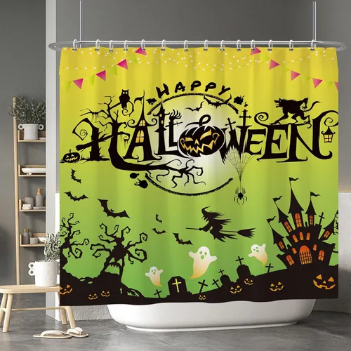 Miniatura 134 de Cortina de ducha de fantasma y gato negro para niños, 36 x 72 pulgadas, espeluznante y bonita, cortina de baño de Halloween con 6 ganchos, cortina