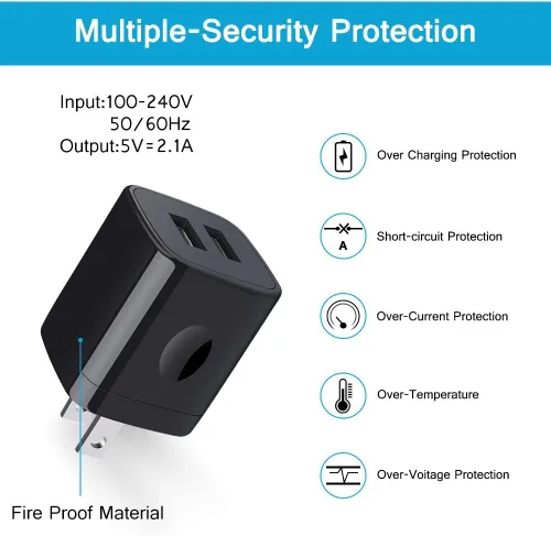 Miniatura 4 de Bloque de cargador de pared, 2.1A/5V de doble puerto USB, enchufe de pared para teléfono, adaptador USB de viaje, paquete de 3 cubos de cargador