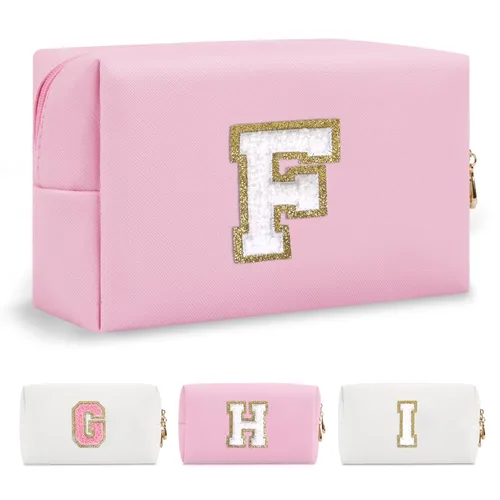 Miniatura 330 de Pequeña bolsa de maquillaje personalizada con inicial A-Z Preppy Patch, bolsa de cosméticos de viaje de felpilla blanca con cremallera, bonita bolsa
