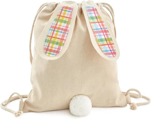 Hallmark Bolsa de regalo reutilizable de lona de conejo de Pascua con cordón (cuadros de primavera) para caza de huevos de Pascua