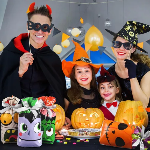 Miniatura 6 de Funrous 48 bolsas de regalo con cordón para Halloween, bolsas de plástico para dulces, bolsas de regalo de fiesta para niños, suministros de fiesta
