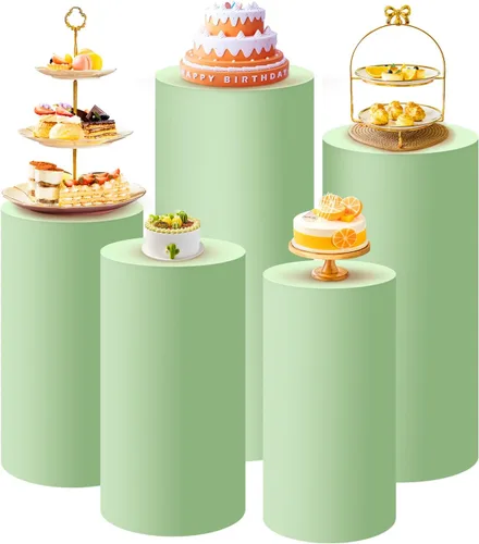 Miniatura 8 de SaitiMade Juego de 3 fundas para pedestal de cilindro beige, fundas de elastano para decoración de fiestas, bodas o eventos de cumpleaños, solo