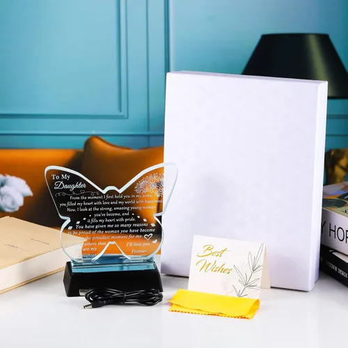 Miniatura 6 de YWHL Regalo para mi Hija de Papá Mamá, Mejores Regalos de Cumpleaños para Hija Adulta, Recuerdo de Vidrio en Forma de Mariposa con Base de Luz