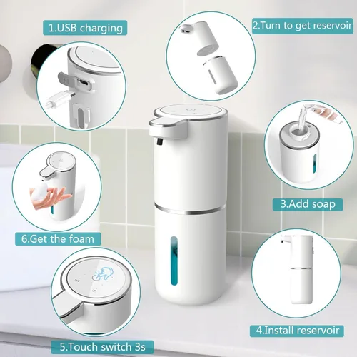 Miniatura 3 de Dispensador automático de jabón 2P, dispensador de jabón espumoso sin contacto de 13.5 fl oz, dispensador recargable por USB, eléctrico montado