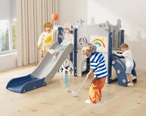 Miniatura 14 de YUFU Juego de tobogán 8 en 1 para niños pequeños, tobogán para niños de 1 a 3 años, juego de juego para niños pequeños con escalador, aro