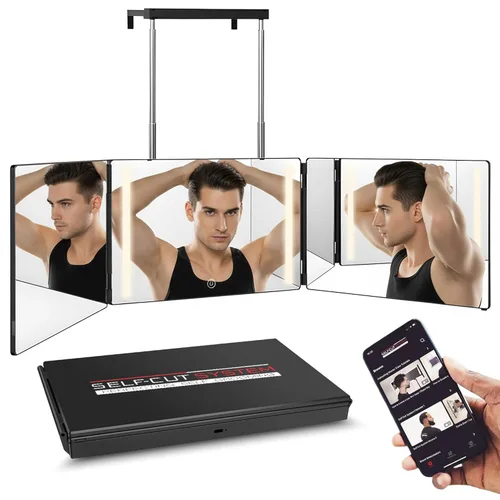 Miniatura 10 de Self-Cut System Espejo de Barbero de 3 Vías con Ganchos Ajustables en Altura, Espejo Tríptico Self Cut de 360° para Cortes de Cabello para Hombres